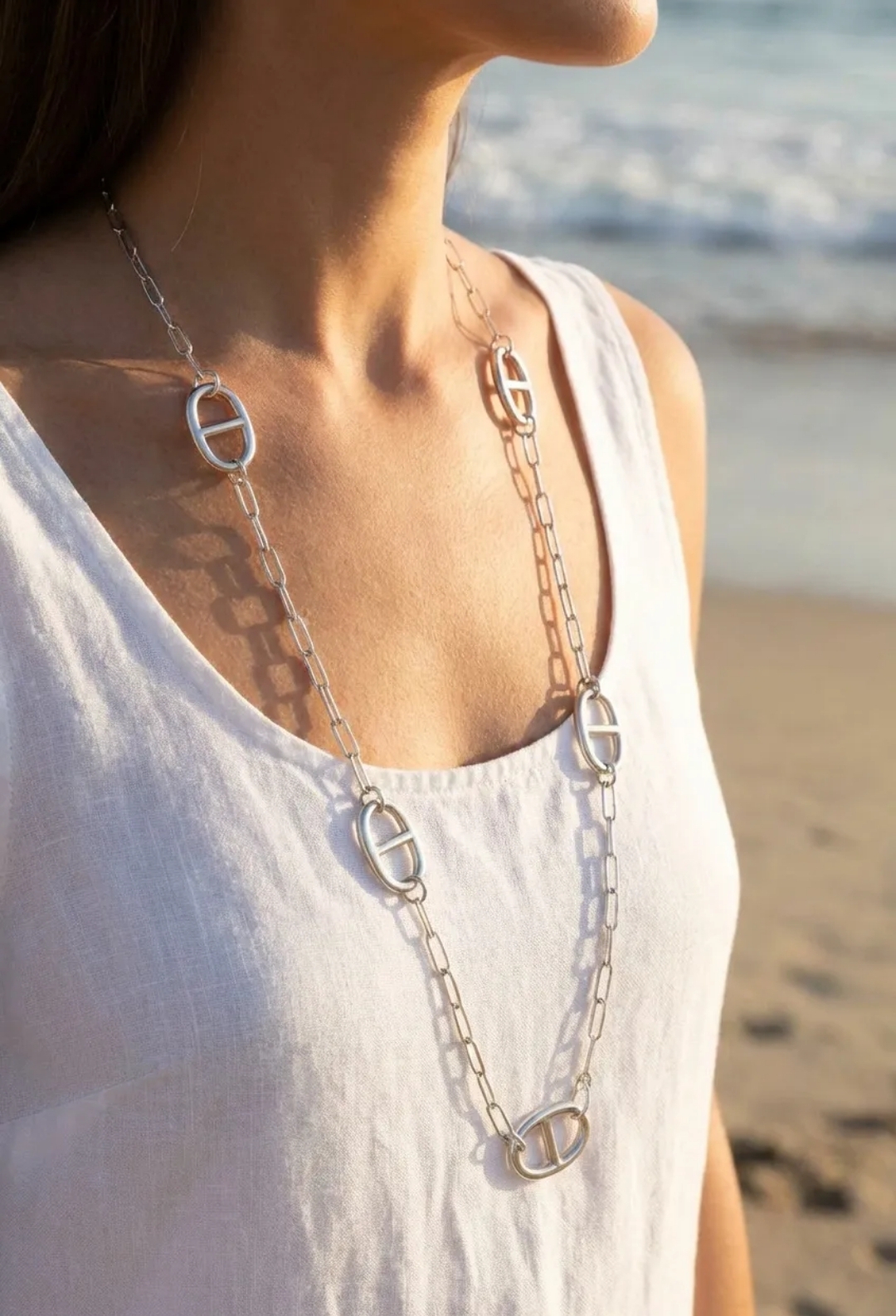 Sautoir maille marine collier acier inoxydable argenté femme Style Chic