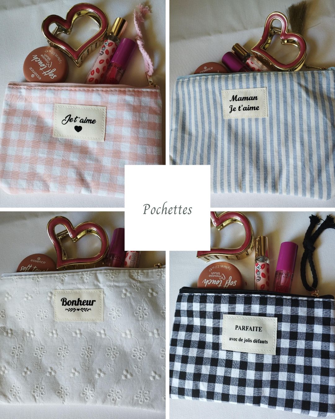 Pochettes en tissu à messages Je t'aime, Maman je t'aime, Bonheur et Parfaite, idées cadeaux pour femme