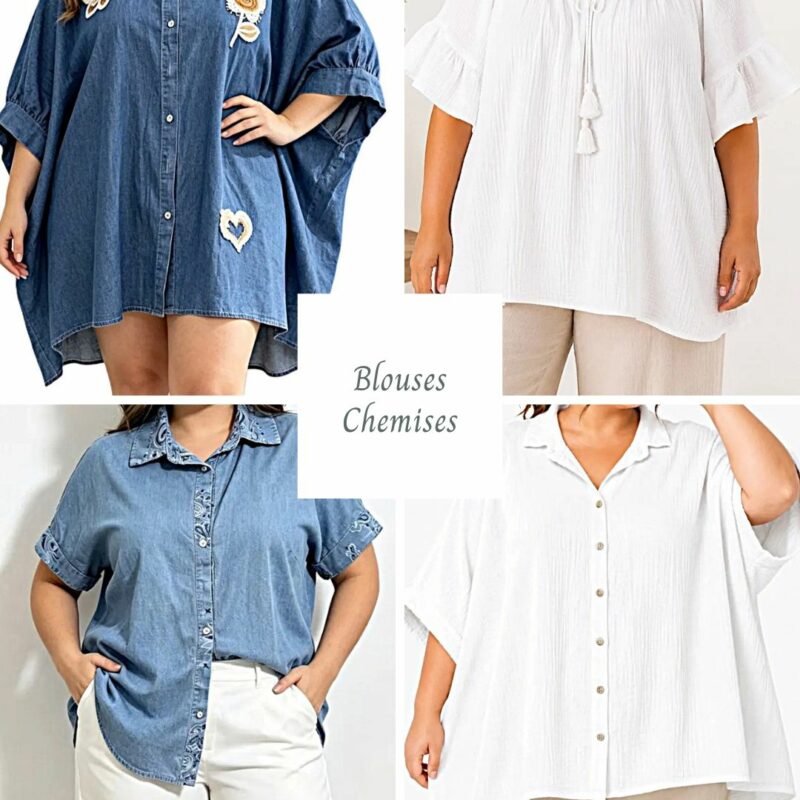Blouses grande taille en gaze de coton blanche et en chambray, matières douces pour peau sensible