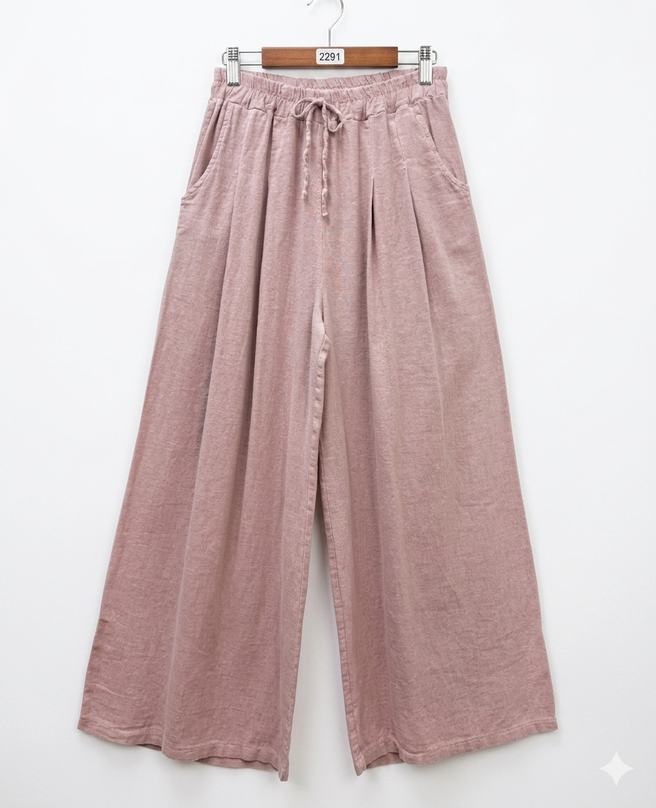Pantalon palazzo vieux rose en lin et coton, taille élastique à cordon et jambes très larges