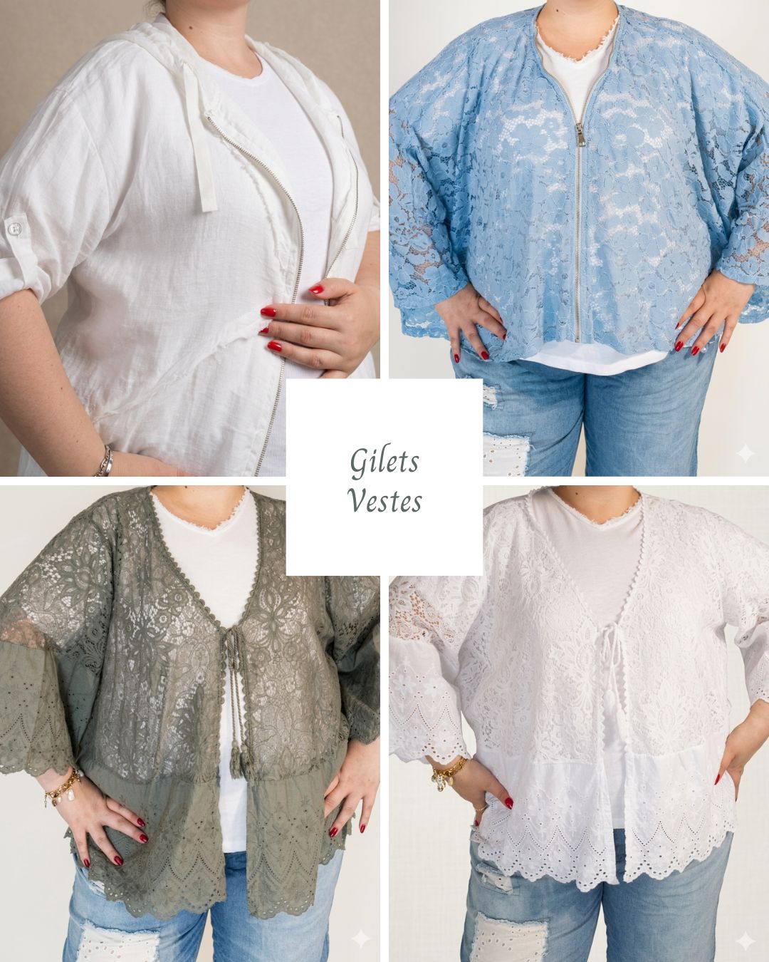 Quatre gilets et vestes grande taille portés ouverts sur un t-shirt blanc et un jean, créant deux lignes verticales