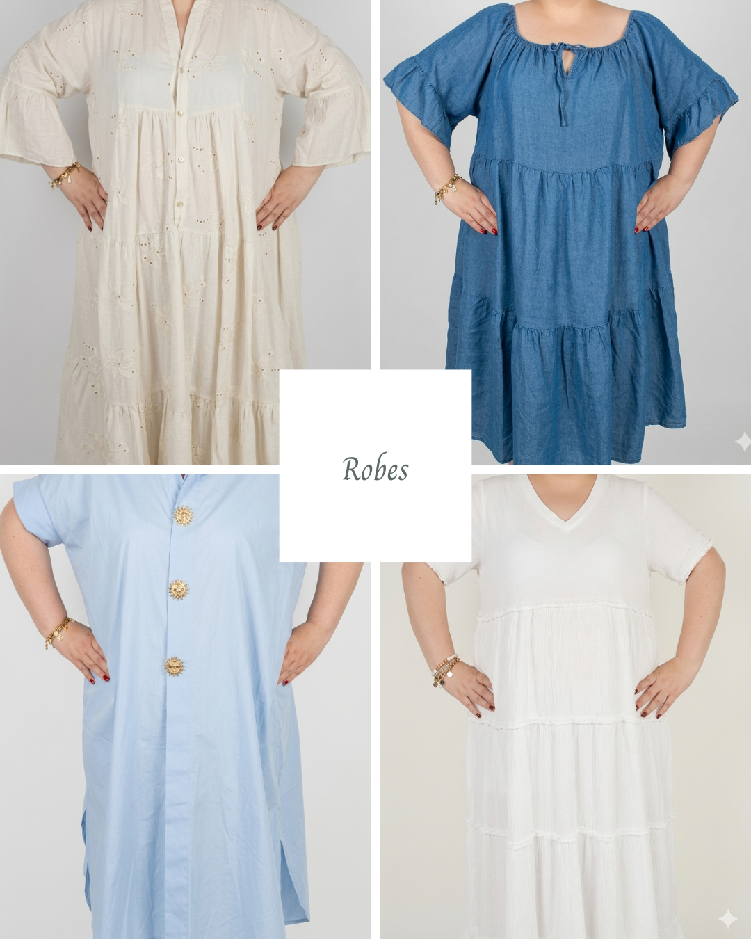 Quatre robes grande taille de longueurs différentes, du genou au mollet, pour comparer où tombe l'ourlet
