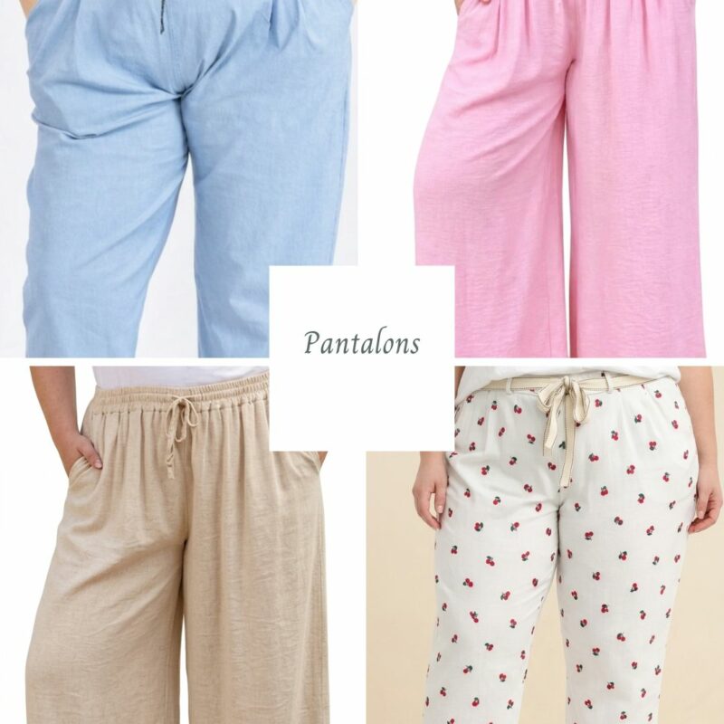 Pantalons grande taille femme en lin et coton : coupe large bleue, palazzo rose, pantalon beige et corsaire imprimé cerises