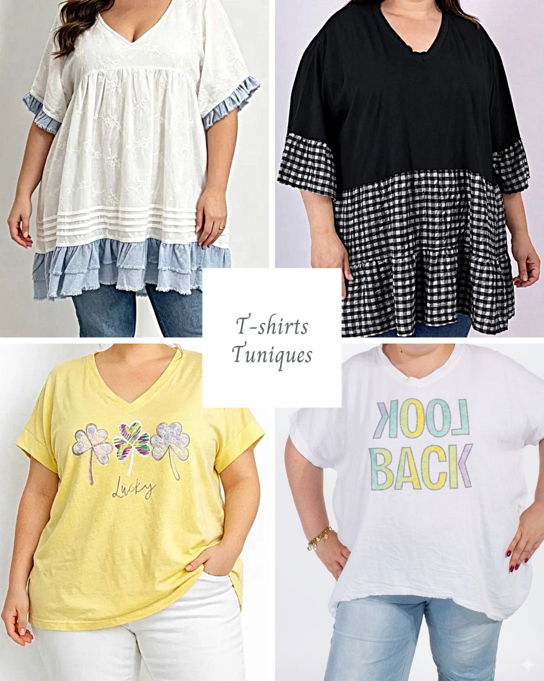 Sélection de t-shirts et tuniques pour femme ronde : tunique blanche brodée, tunique vichy, t-shirt jaune et t-shirt blanc